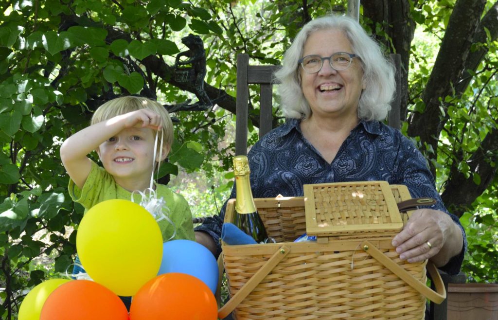 Diane Cary and grandson Jack Mahoney are excited winners of the Shakespeare Picnic Basket, the prize for the Winters Friends of the Library 2017 Big Day of Giving donor thank you raffle.